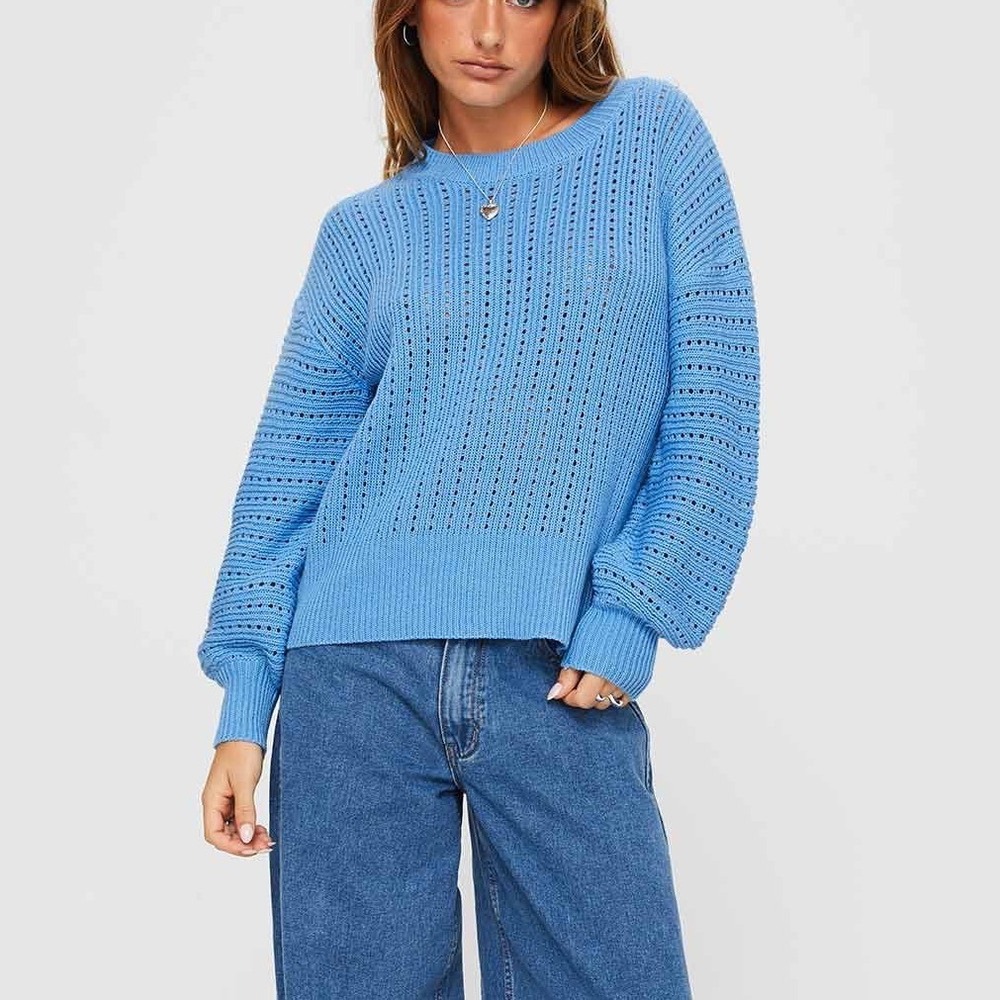 Princess Polly Blue Peachyo Sweater Oversized Balloon Sleeves Sheer Knit S/M NWT